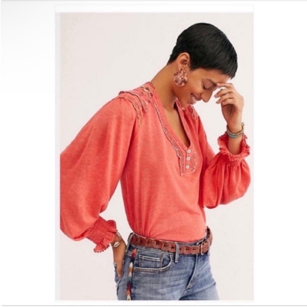 Free People Siesta Fiesta top coral embroidered boho